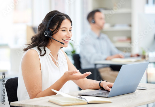 Woman, callcenter and laptop with phone call and smile, happy conversation with communication and contact us. CRM, customer service and help with female consultant at desk, positivity and telecom