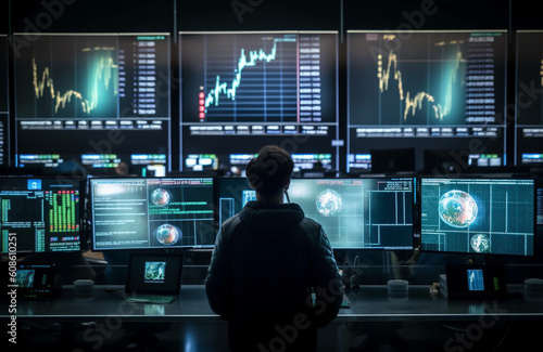 Embracing the Blockchain Future: Modern Trader Strategically Navigating the Volatile Landscape of Cryptocurrency Markets across Multiple Screens, Redefining Finance in the Digital Age