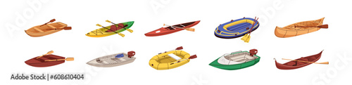 Inflatable, motor speed, rafting, kayaking sport boats. Wooden and plastic water vessels with paddles, lake transport of different types. Flat vector illustrations isolated on white background
