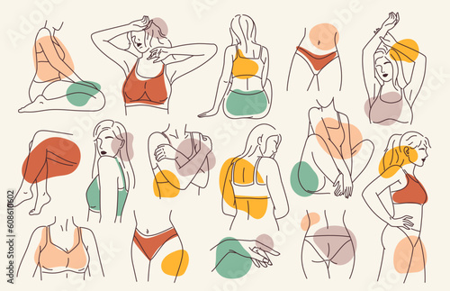 Female body parts. Colored silhouettes of sensual woman. Body positivity, self love, femininity concept. Character wears underwear, bra and panties. Linear flat vector illustration on white background
