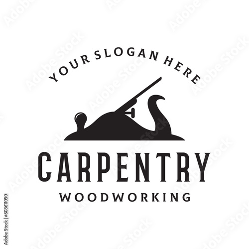 Logo design template Woodworking Jack Plane Carpentry retro vintage style.