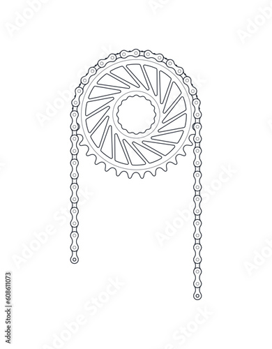 Vector black line bicycle crank with chain. Isolated on white background