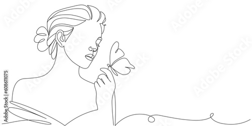 Women’s day line art style vector illustration. Line art vector illustration of beauty woman with a butterfly