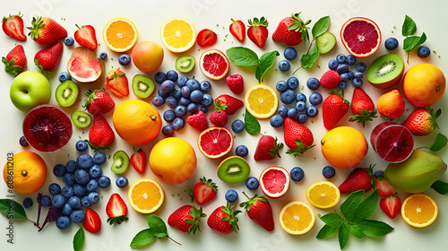 A vibrant and energetic overhead shot of fresh fruits arranged on a kitchen countertop  the vibrant colors of the fruits are enhanced by natural lighting  Created with generative Ai Technology. 