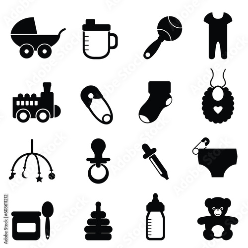 Baby objects icon set in black