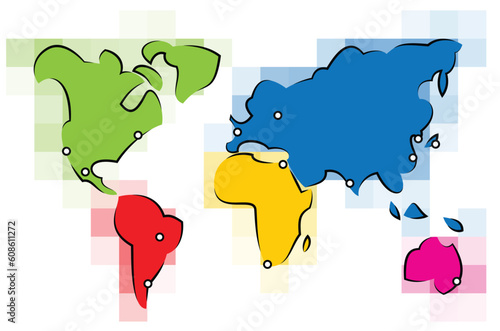 Colorful simplified stilyzed World map made out of lines and squares