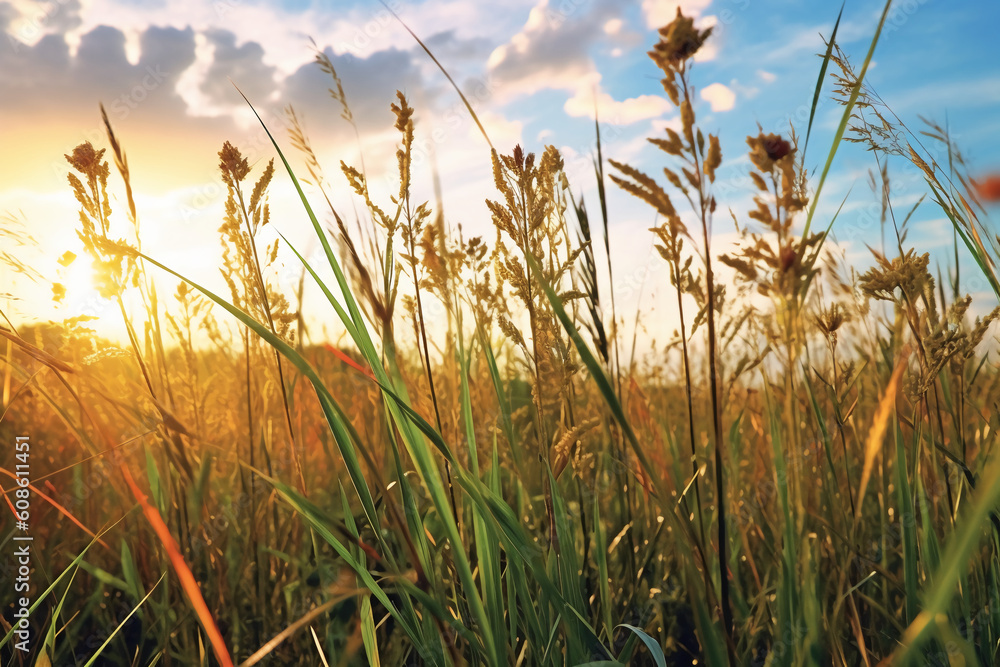 Fototapeta premium A field of tall grass in the sunshine. AI generative
