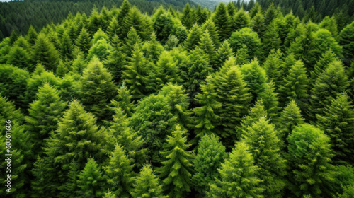 Lush Canopies of Pine Trees in a Verdant Forest, generative ai