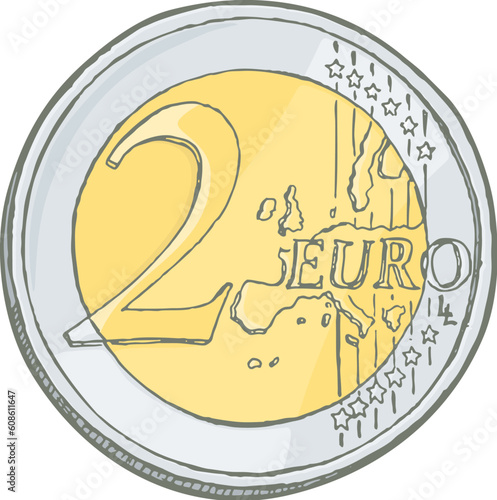 Grunge sketch of two euro coin isolated on white.