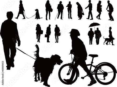Over ten black vector silhouettes. People walking with dogs, alone and with bicycle. Spring casual clothes.