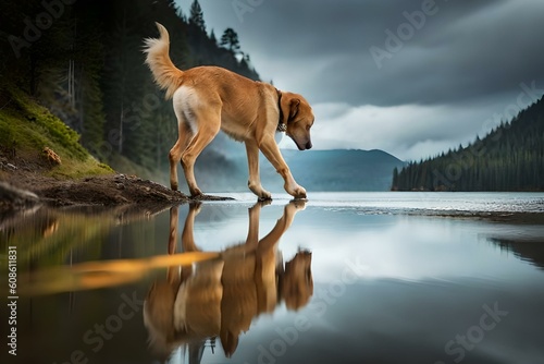 A playful and mischievous dog with a bone in its mouth, looking into a reflection in the water, just like in the popular fable