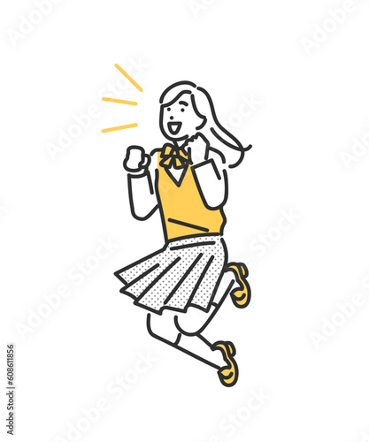 ポジティブな表情でガッツポーズをしながらジャンプする女子学生のイメージイラスト素材