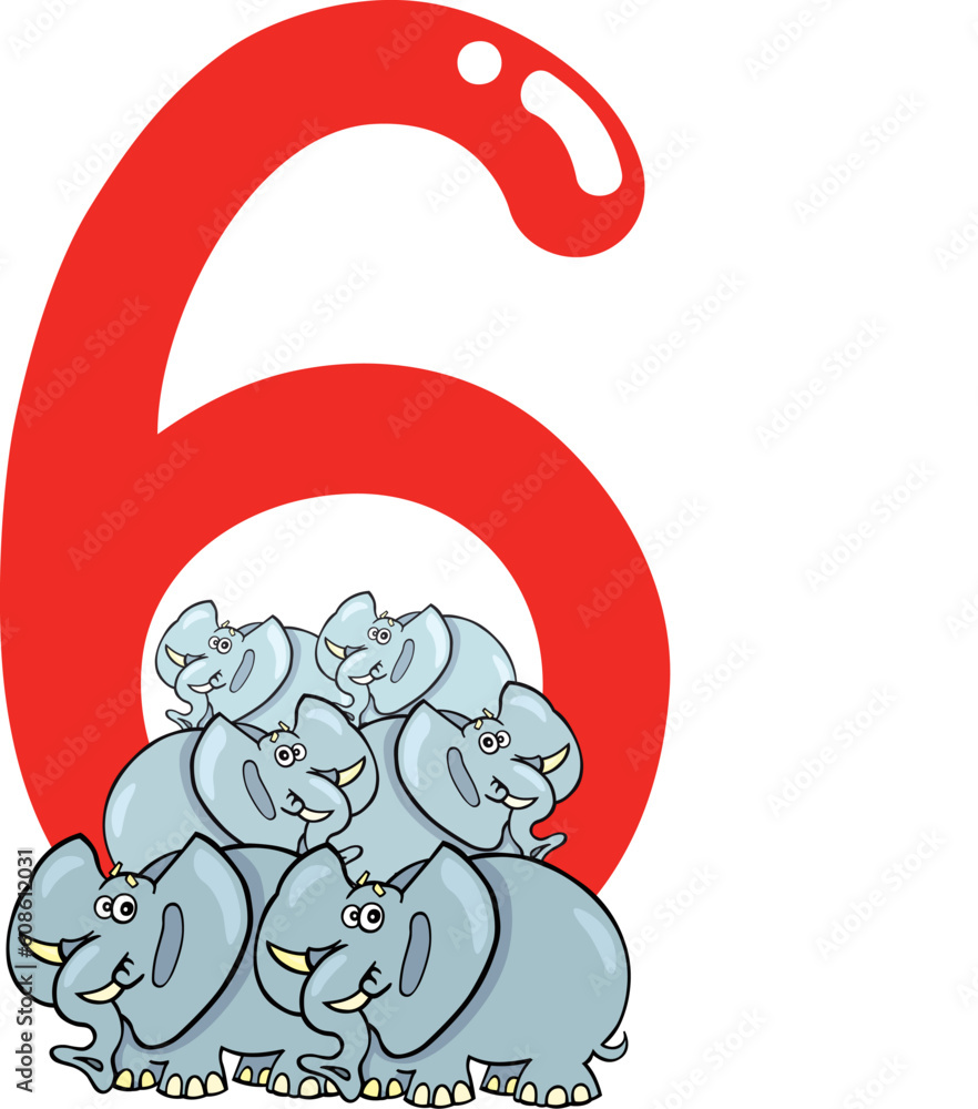 cartoon illustration with number six and elephants cartoon illustration with number six and elephants