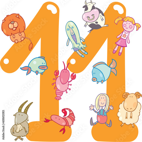 cartoon illustration with number eleven and toys photo