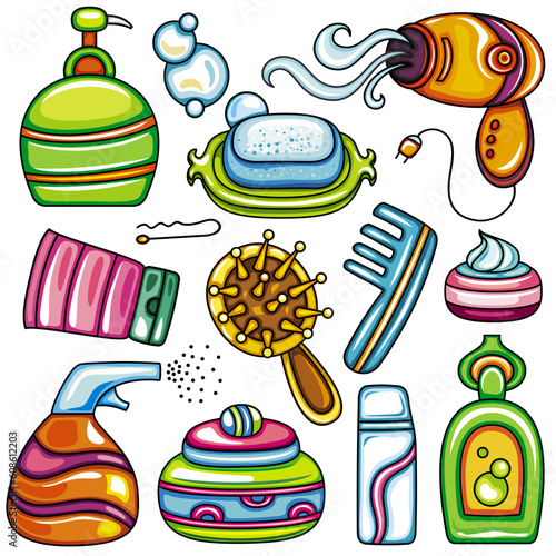 Icon set hygiene accessories.Vector series of design elements or icons and accessories, relating to personal hygiene, beauty, cosmetics, hair care etc