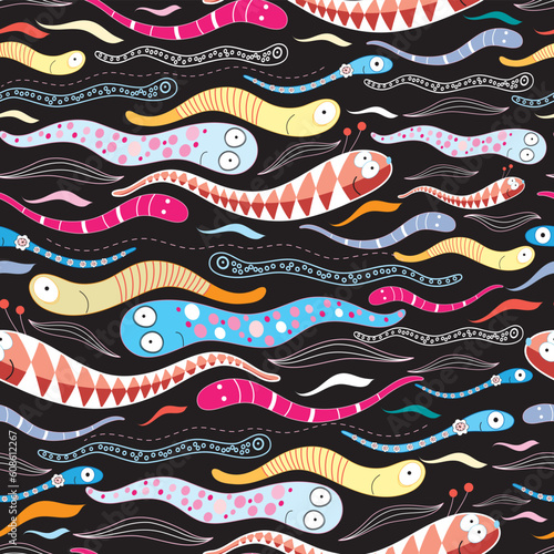 seamless pattern of lively colored worms on a black background