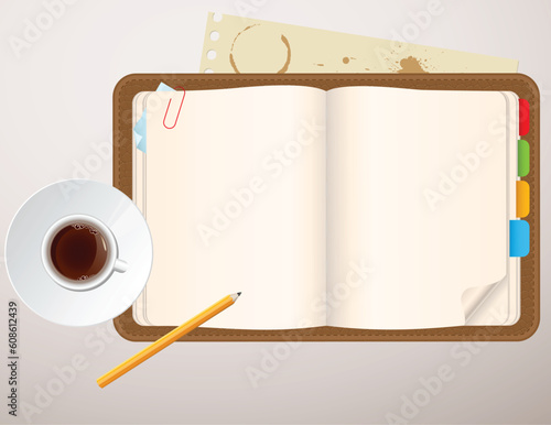 Vector background with notebook and a cup of coffee