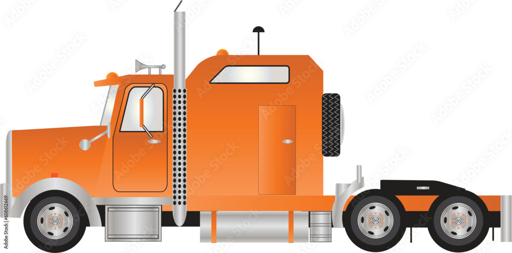 An Orange American Style Tractor Unit with Sleeper Cab isolated on White An Orange American Style Tractor Unit with Sleeper Cab isolated on White