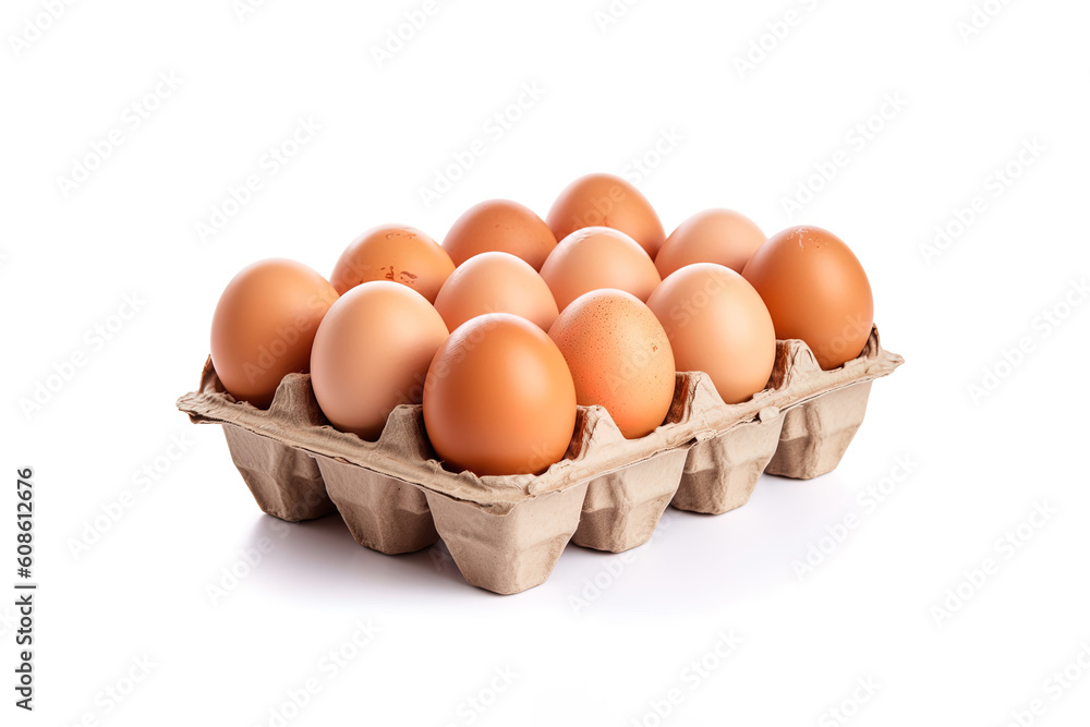 Fresh farm eggs in storage on white background. Created with Generative AI Technology Fresh farm eggs in storage on white background. Created with Generative AI Technology