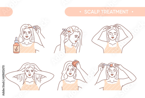 Hair care set. Massage instructions for beauty treatments to stimulate growth. Girl applies serum to follicles and scalp. Beauty routine. Linear flat vector collection isolated on white background