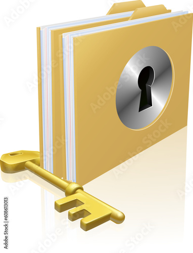 Folder or file with a keyhole locked with a key. Concept for privacy or data protection, or secure data storage etc.