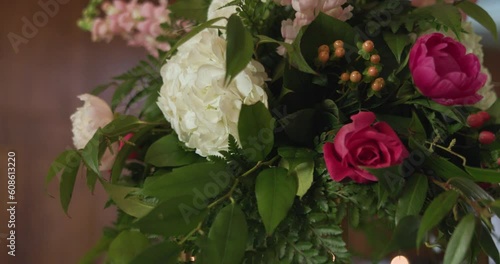 flower bouquet of white hydrangeas and pink roses photo