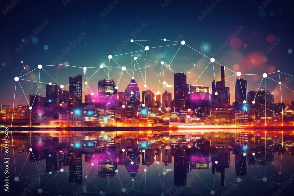 Communication network of urban city. Internet of Things. Business network on city background. AI Generative Communication network of urban city. Internet of Things. Business network on city background. AI Generative