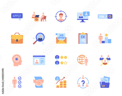 Head Hunting set. Color icons with elements of documents, hiring employees and career path. Simple stickers with resumes of job candidates. Cartoon flat vector collection isolated on white background
