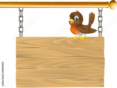 Illustration of a hanging wooden sign with a robin bird seated on it