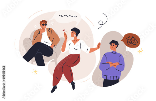 Preferring another romantic partner, refusing, breakup with man. Love triangle, lover choice concept. Woman chooses boyfriend, flirts with others. Flat vector illustration isolated on white background