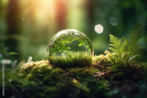 Globe planet glass in green forest with bokeh nature lights. World environment day. Concept for environment conservation, protect ecology earth and environmental eco-friendly life. Generative AI