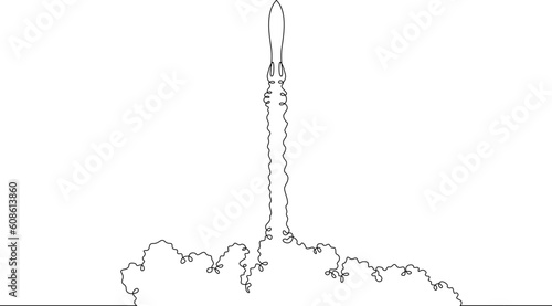 Rocket takeoff. Spaceship launch. Launch of a military ballistic missile.One continuous line. Linear.One continuous line drawn isolated, white background.