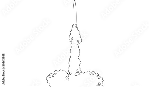 Rocket takeoff. Spaceship launch. Launch of a military ballistic missile.One continuous line. Linear.One continuous line drawn isolated, white background.