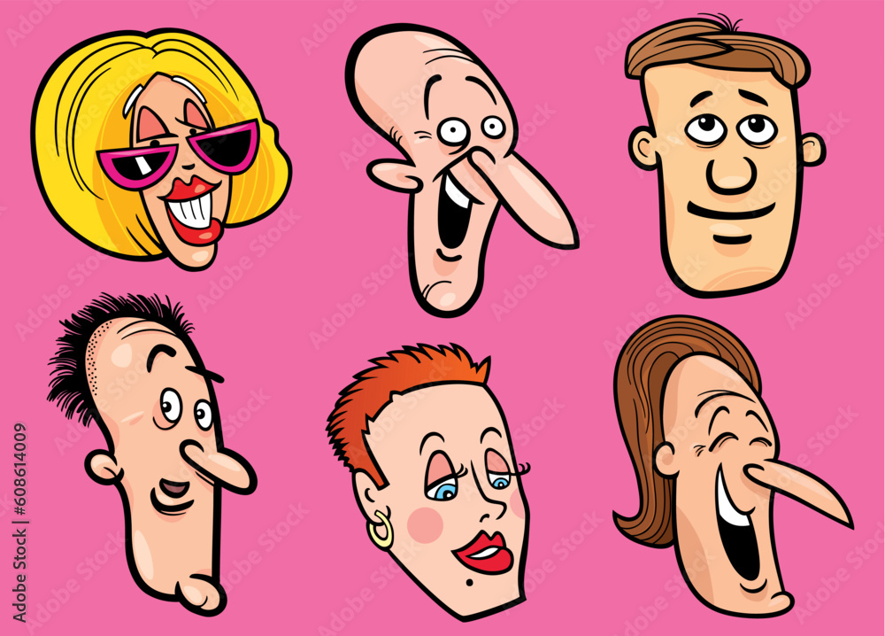 Cartoon illustration of happy people faces set Cartoon illustration of happy people faces set