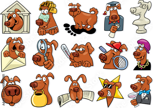 cartoon illustration of funny dogs icons set