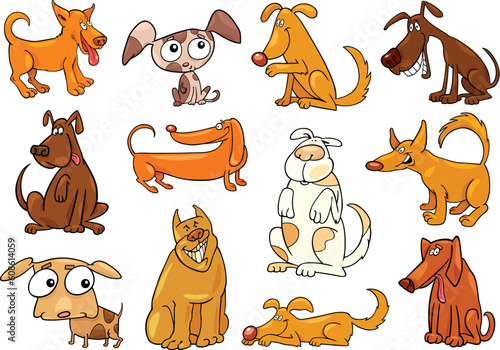 cartoon illustration of funny different dogs set