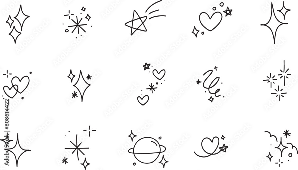 Cute blink blink hand draw doodle vector set, black, line, drawing, sparkle element, illustration, cute, heart, star, wink, dot, icon