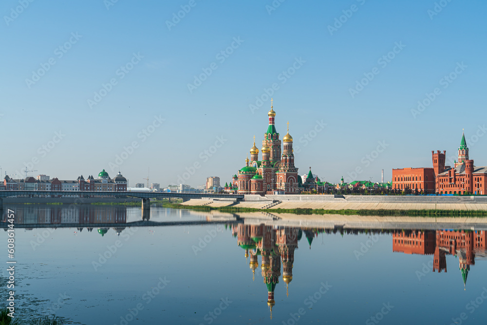 Yoshkar-Ola, Russia. Cathedral of the Annunciation of the Blessed Virgin in Yoshkar-Ola. The river Malaya Kokshaga