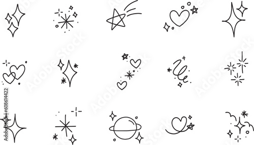 Cute blink blink hand draw doodle vector set, black, line, drawing, sparkle element, illustration, cute, heart, star, wink, dot, icon