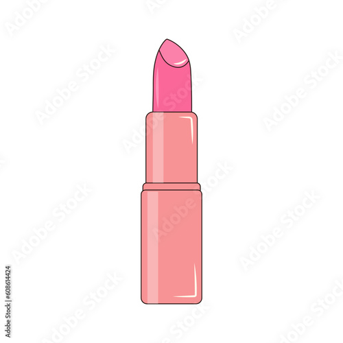 Pink lipstick. Makeup tube. Linear color vector illustration.