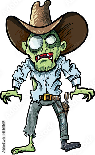 Cartoon cowboy zombie with gun belt and hat. Isolated on white