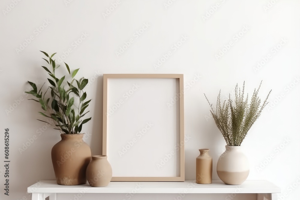Wooden frame leaning on white shelf in white interior with green plants, exotic potted plants in pots on empty wall background. Generative AI