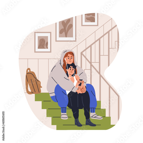 Girls teenagers, lesbian couple. Teenage girlfriends in love, listening to music together. LGBT teen valentines in romantic relationship. Flat graphic vector illustration isolated on white background