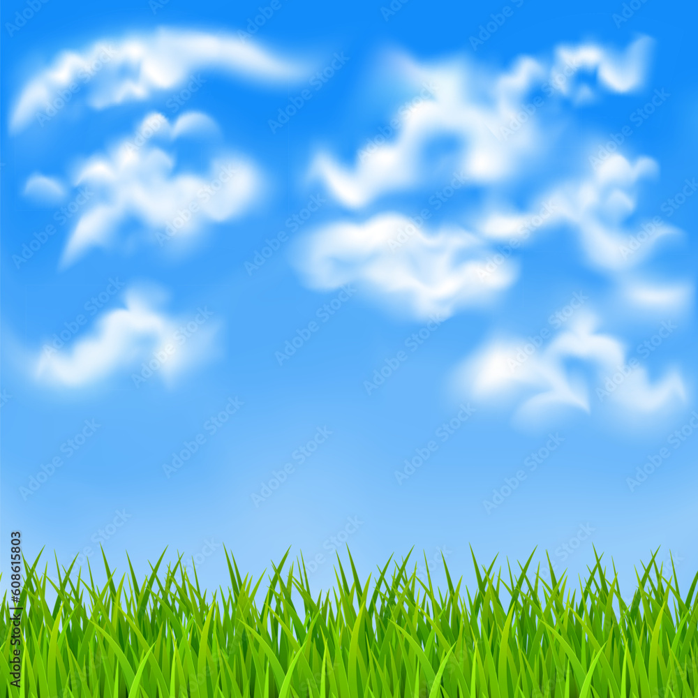 Background with a blue sky, white clouds and green grass. EPS10. Mesh. Clipping Mask. Background with a blue sky, white clouds and green grass. EPS10. Mesh. Clipping Mask.