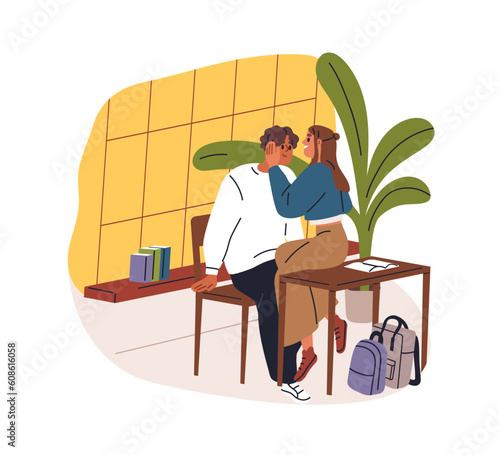 First love concept. School students, teenagers couple. Girl and boy, teen valentines hugging in classroom. Romantic teenage relationship. Flat vector illustration isolated on white background