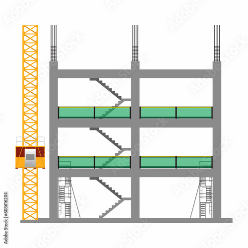 Building construction project vector illustration with fall prevention facility installation, scaffolding, and passenger hoist.