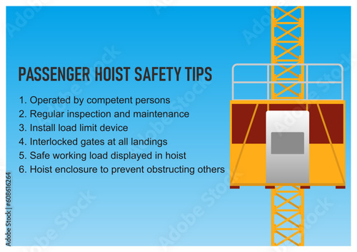 Construction passenger hoist safety tips vector illustration. Vector poster design for safety campaign.
