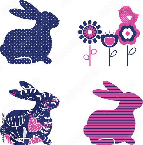 Ester bunny and flowers set. Vector