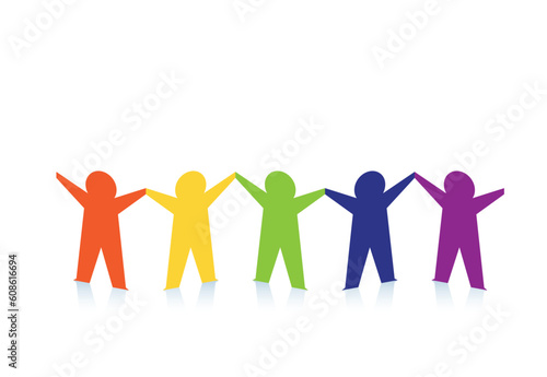 Diverse row of paper people holding hands. Vector