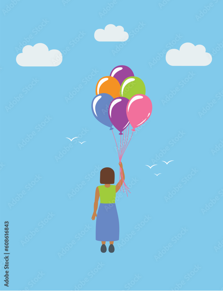 little girl flies with balloons in the sky childs dream Stock Vector ...